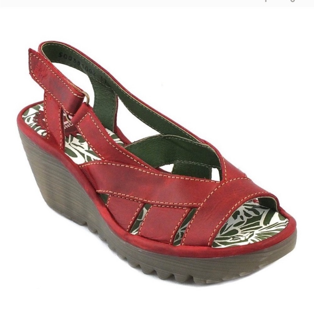 Fly London Red Leather Wedge Sandals